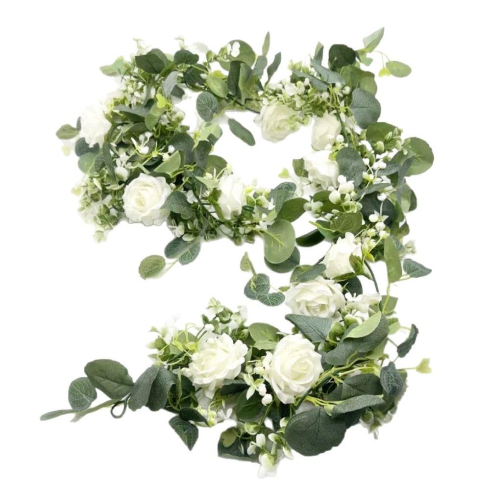 Garland Style Simulated Eucalyptus Rattan 6 White Roses Eucalyptus Garland Garden Decoration