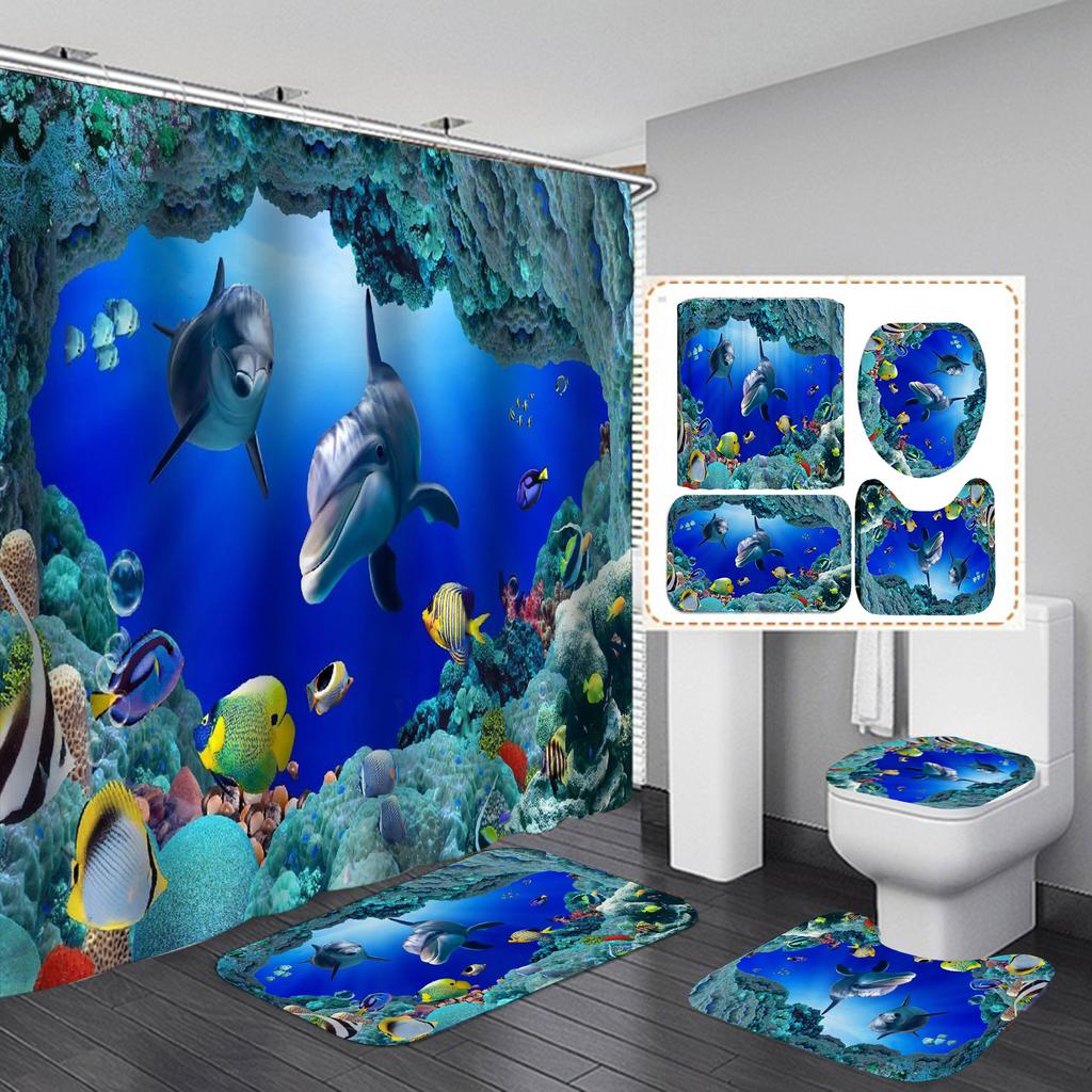 Ocean Underwater World Shower Curtains Set Dolphin Animal Cheerful Marine Life Scenery Polyester Fabric for Kids Bathroom Decor