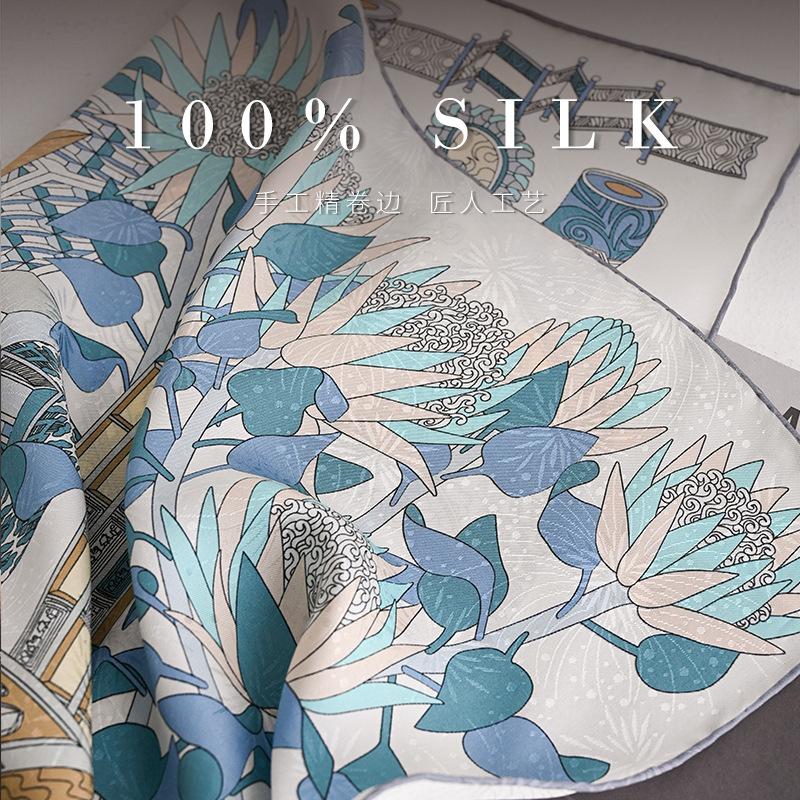 [Flower dill fireworks pattern] Handmade hemming 111% silk silk scarf Women's middle square scarf 61cm versatile tube top silk scarf
