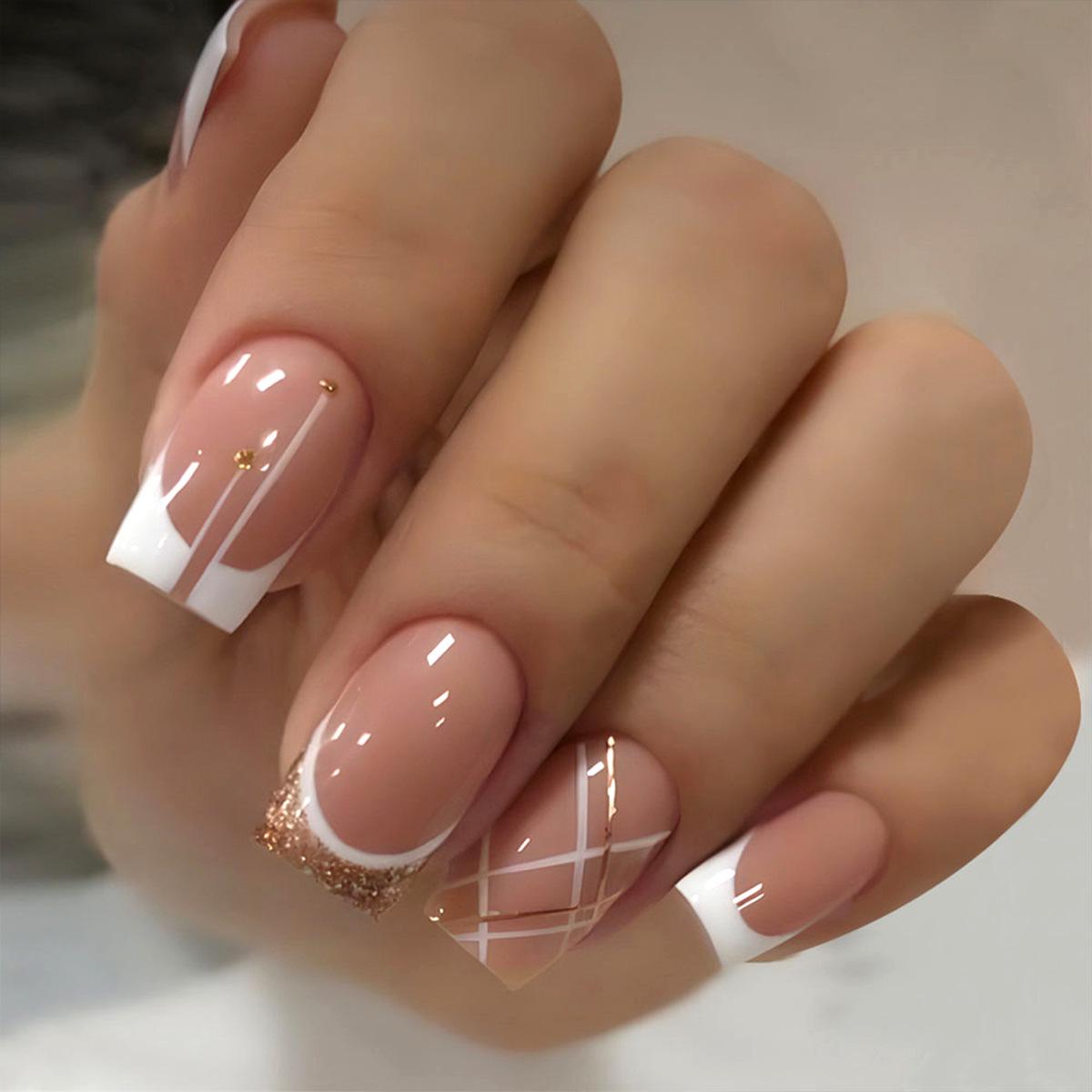 

Gold Glitter French Tip Gingham Nail Stickers - Removable & Wearable Manicure Patches