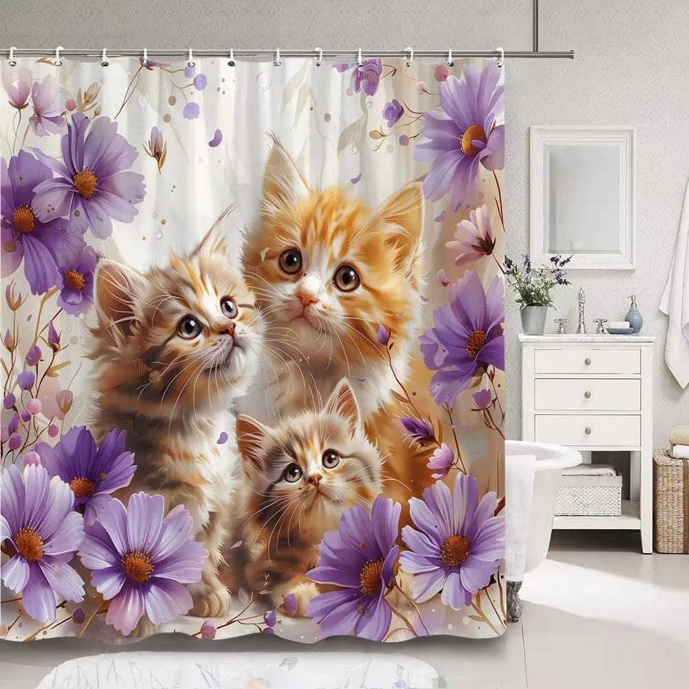 Cartoon Cat Shower Curtain, Plant leaves Bathroom Decorative Shower Curtain, Printed Fabric Home Curtain with Hooks