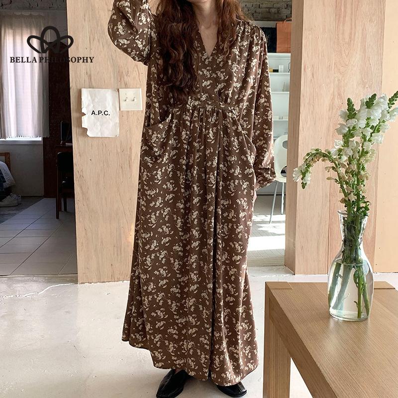 Retro elegantní květinové šaty s dlouhým rukávem, výstřihem do V, pro volný čas, dlouhé elegantní šaty s potiskem