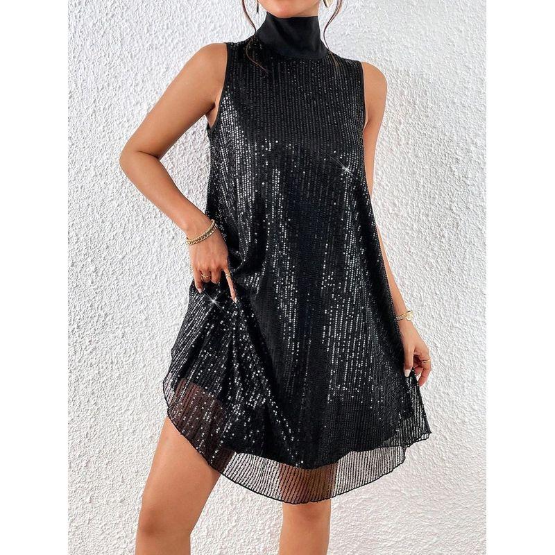 

Women s Dress European and American Women s Cross-Border New Fashion Sexy Sequin Shiny Sleeveless Pullover Dress Black 2XL