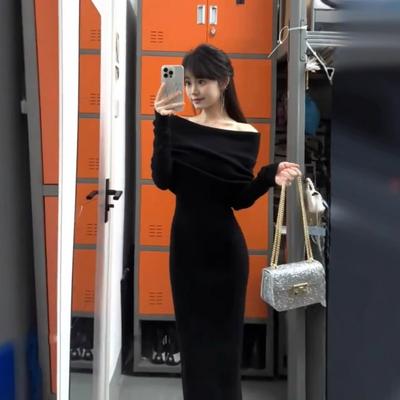 Black Shoulder Dress Women's Autumn and Winter Birthday Party Small Dress Dress High-end Light Luxury Niche