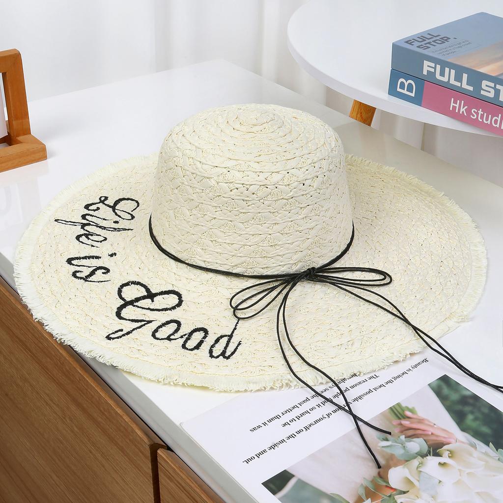 Lace Bow Straw Hat Women's Summer French Large Brim Sunscreen Hat Seaside Beach Vacation Sun Hat