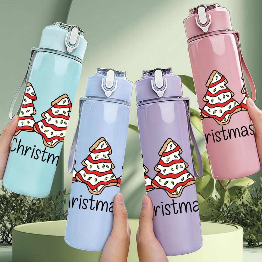 1PC Small Christmas Tree Group Print 750ml Color Plastic Sports Water Bottle Leakproof Flip Straw Lid Suitable for Sports Office Home Use