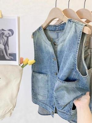 Gilet Débardeur en Jean Vintage Coréen à Col Rond pour Superposition