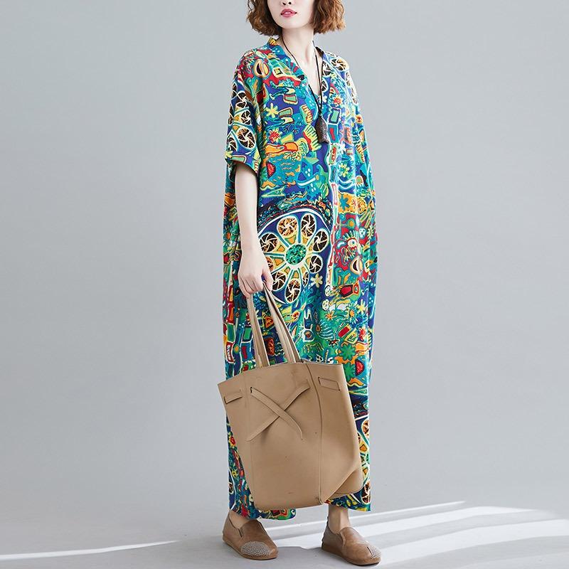Real Shot Summer New Literary Large Size Loose Cotton and Linen Printing V-neck Short-sleeved Dress Women's Clothing
