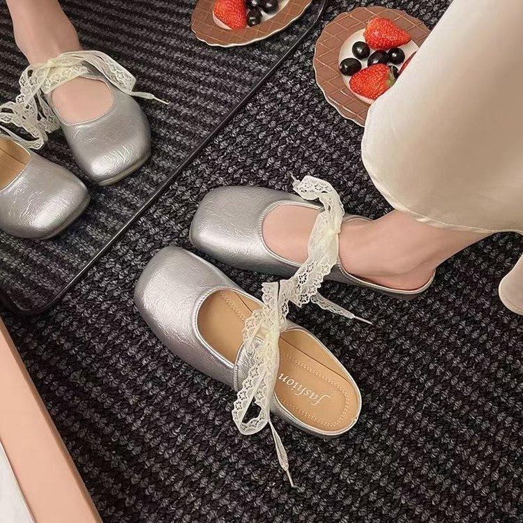 French Lace Shoelaces Half-drag Women's Outer Wear 2025 Summer New Flat-bottomed Lace Bow Mary Jane Sandals