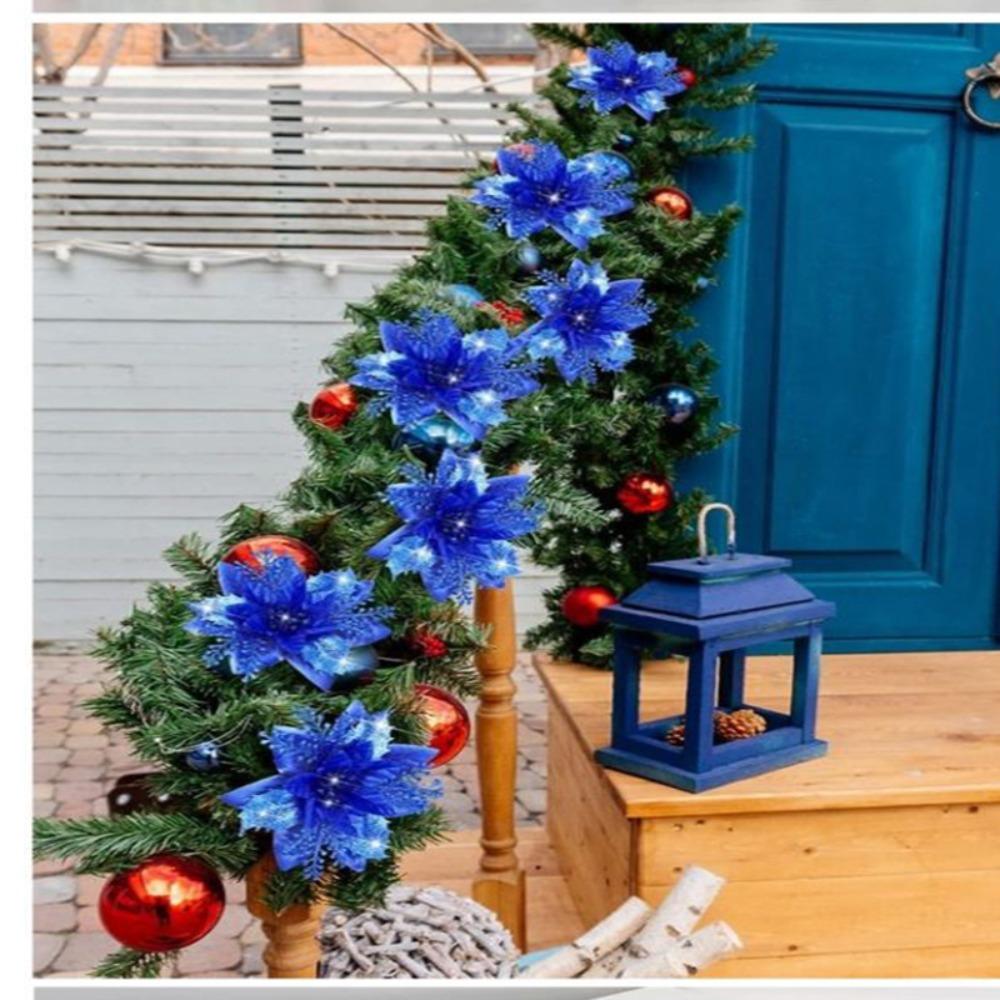 8pcs Gold/Silve Christmas Tree Flowers Pink/Blue Poinsettia Flowers Gift Party Decoration  Christmas