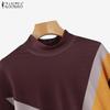 ZANZEA Women Colorblock Half-Turtleneck Long Sleeve Patchwork Blouse