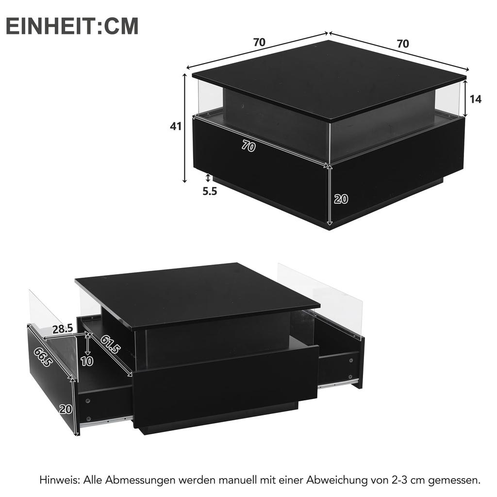 Coffee Table High Gloss Black, Square LED Lighting, Coffee Table 2 Drawers Transparent Sofa Table Side Table Tea Table Office