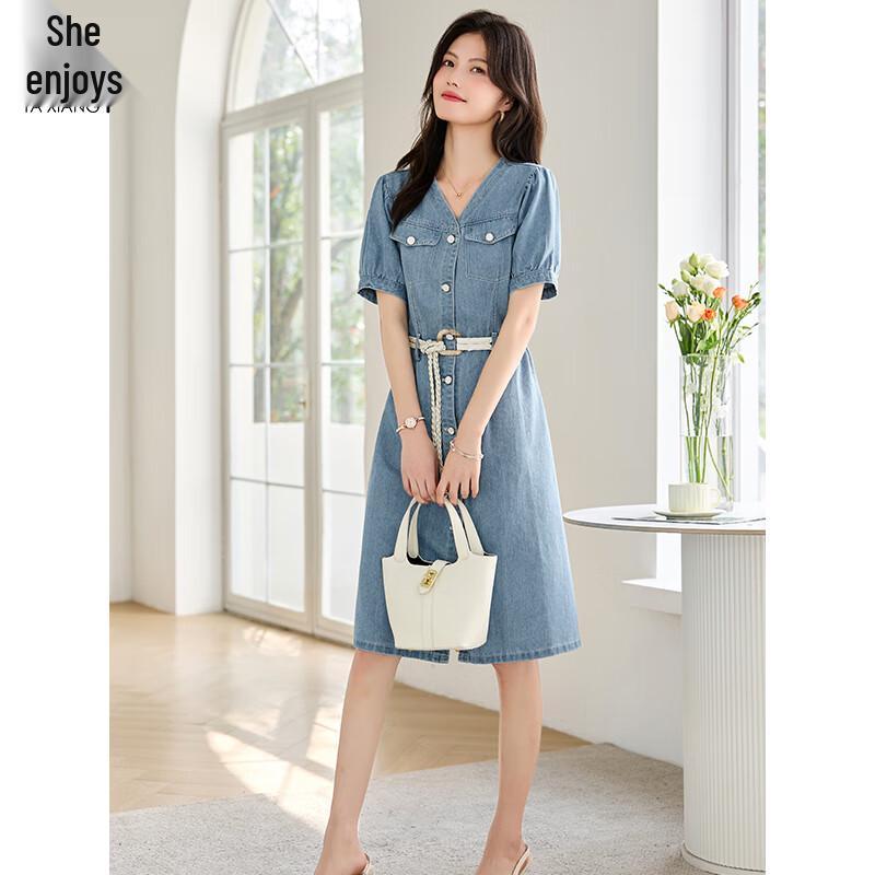 Women's V-Neck Short Sleeve Belted Denim Midi Dress