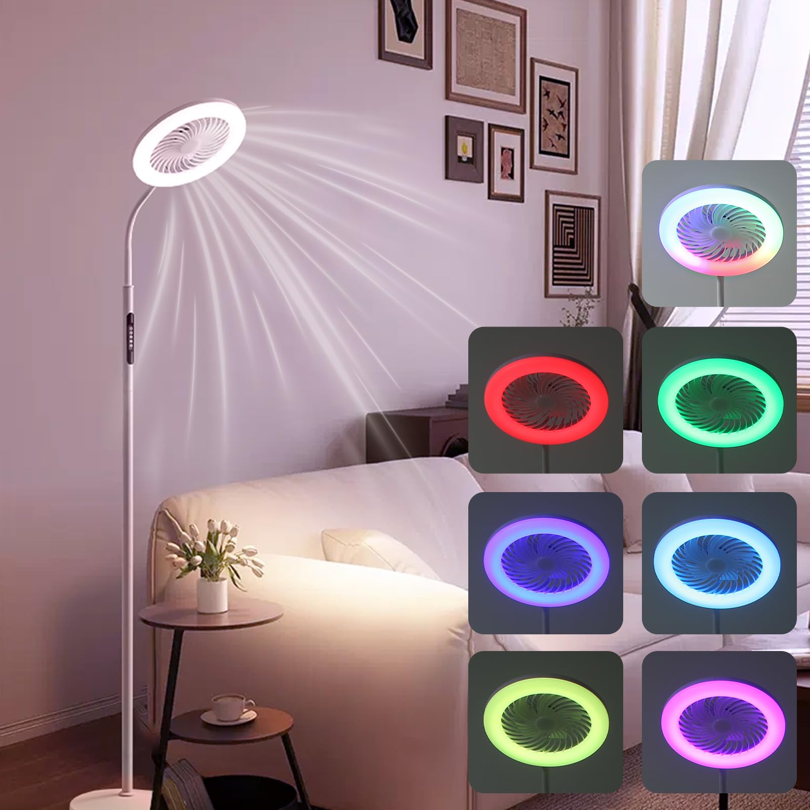 

LED Floor Lamp with Fan, RGB 3-Stage Light Bar Fan Lamp, Stepless Dimming 3000K-6000K, 1800LM, Multi-Color, Remote Control and Button Operation,