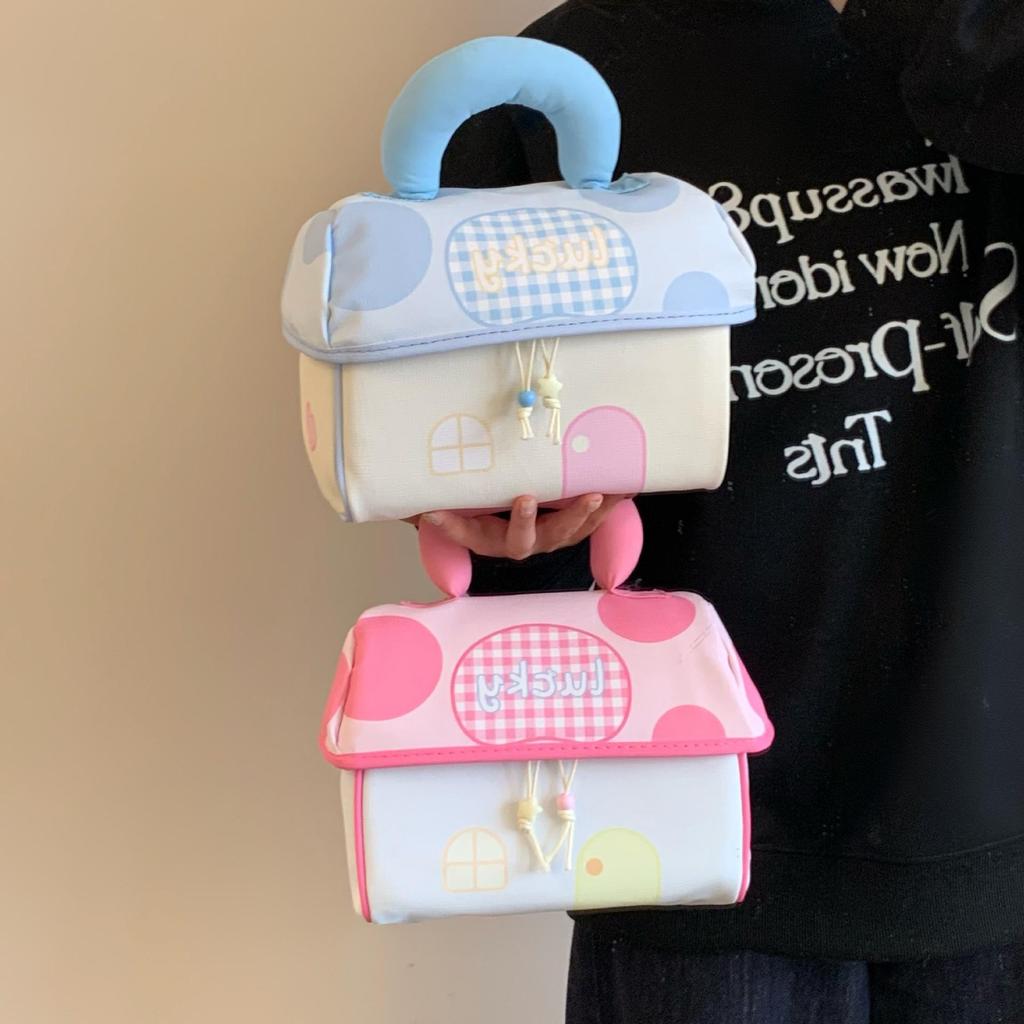 Portable Cosmetic Bag Makeup Storage Bag Organizer with Handle, Pink Blue Polka Dot Design