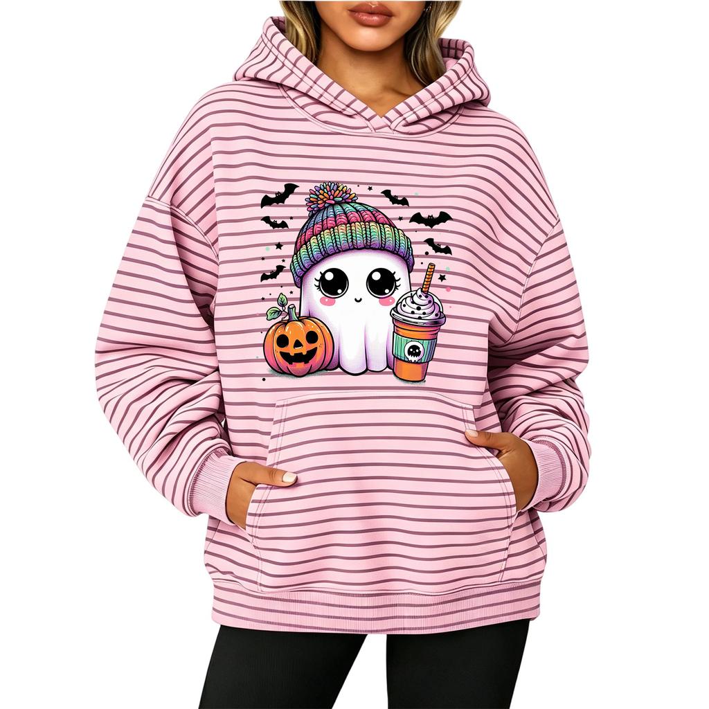 Women's Fashion Striped Print Long Sleeve Pullover Hoodie with Pockets for Halloween