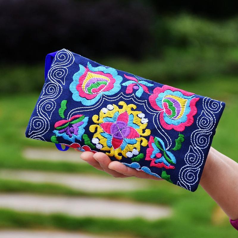 Этническая вышивка Клатч Сумка Кошелек Женский Винтажный Вышитый Сумки для Мобильного Телефона Сумки на Запястье Кошелек для Девочек Подарок тёмно-синий