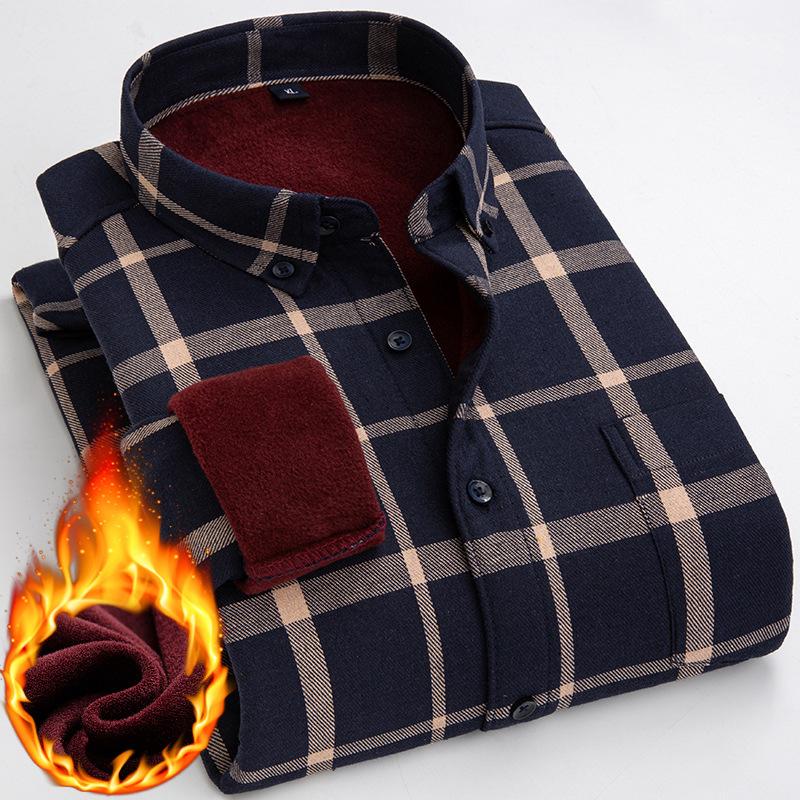 Men 'S Long -Sleeved Shirt Plus Velvet Plaid Shirt Loose Casual Top
