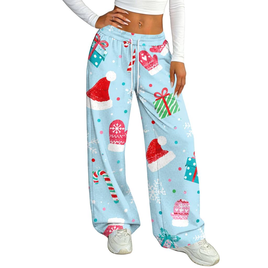Women's Casual Christmas Print Loose Fit Straight Leg -Lined Pants with Elastic Waist for Winter