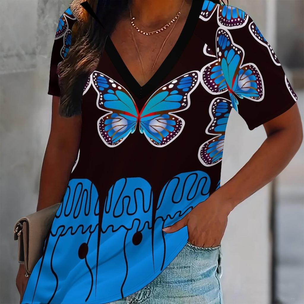 Butterfly Print Women Tshirt V Neck Short Sleeve Casual Loose Summer Tee Shirts