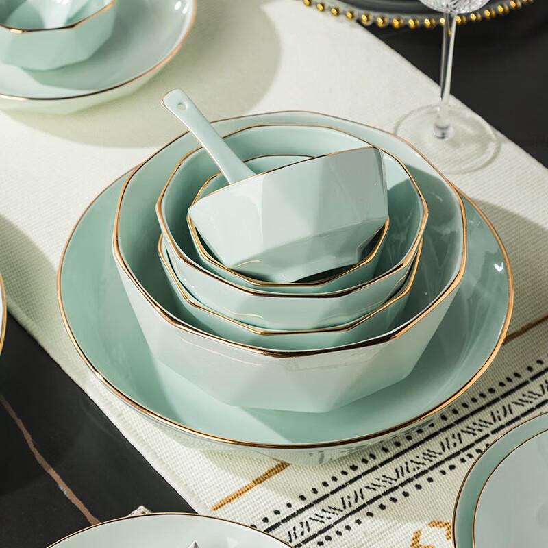 European Style 57-Piece Celadon Diamond Ceramic Dinnerware Set