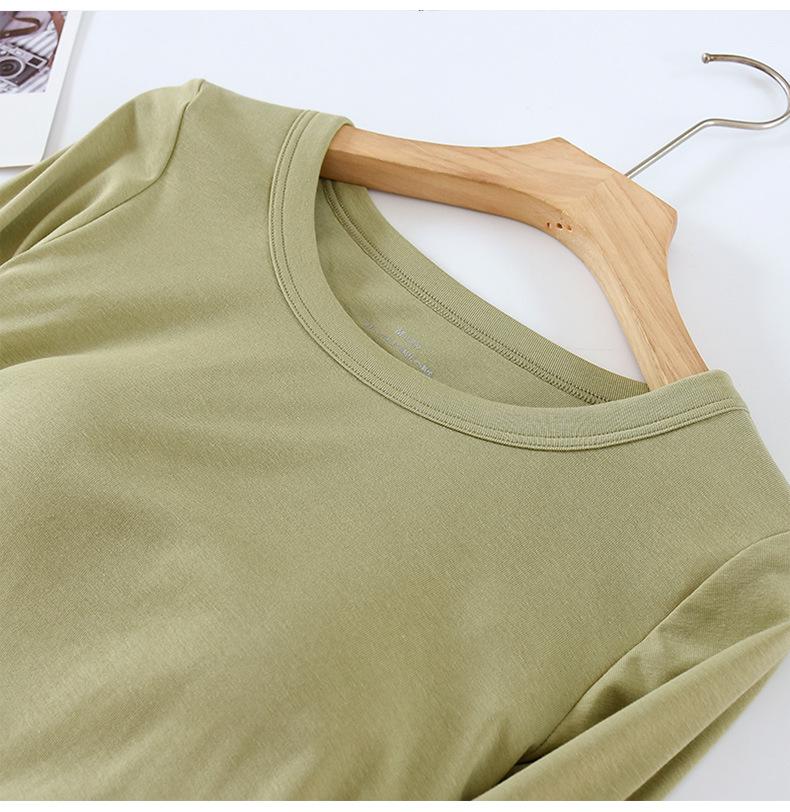 Chest-Padded Slim Fit Women's Top: Round Neck, Long Sleeve, Fishtail Hem, No Bra Needed, Autumn/Winter Style.