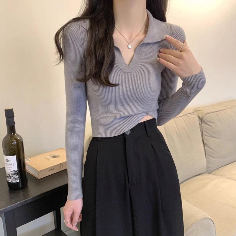 Spring Niche Temperament Elastic Slim and Thin Versatile Long-sleeved Lapel Bottoming Knitted Sweater Women