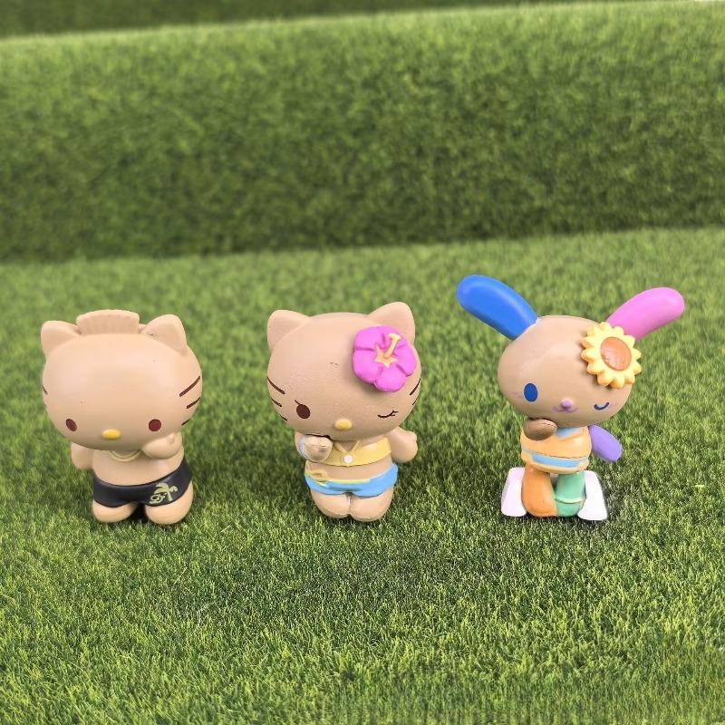 Sanrio Anime Figure Hello Kitty Kuromi Black Skin Kt Cat Melody Summer Seaside Vacation Series Blind Box Toy Ornament Kid Gifts