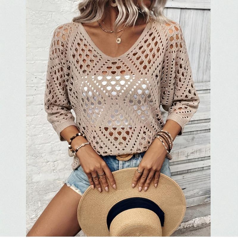 Women S Solid Color Knit Sweater Loose Fit Round Neck 3 4 Sleeve Casual Top