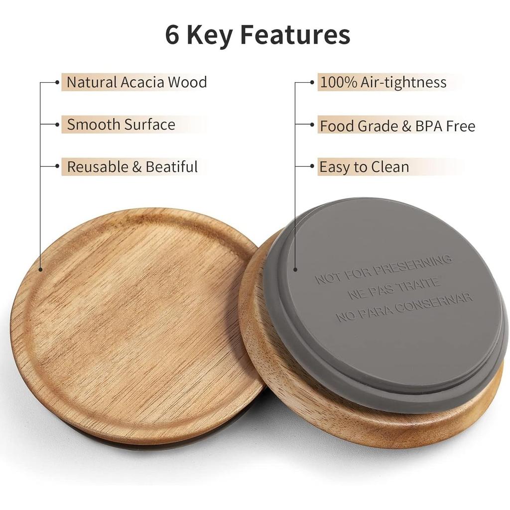 Regular Mouth and Wide Mouth Wooden Mason Jar Lids for Ball/Mason Jars, Reusable Acacia Wood Mason Jar Lids with Airtight Silicone Seal Perfect