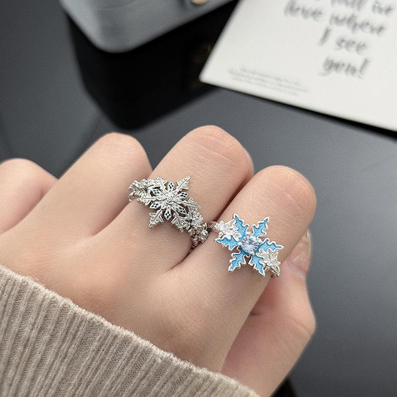 Winter Dream Sweet Cool Snowflake Color Diamond-Encrusted Zircon Enamel Open Ring Niche Premium Sense Stacked Ring Woman
