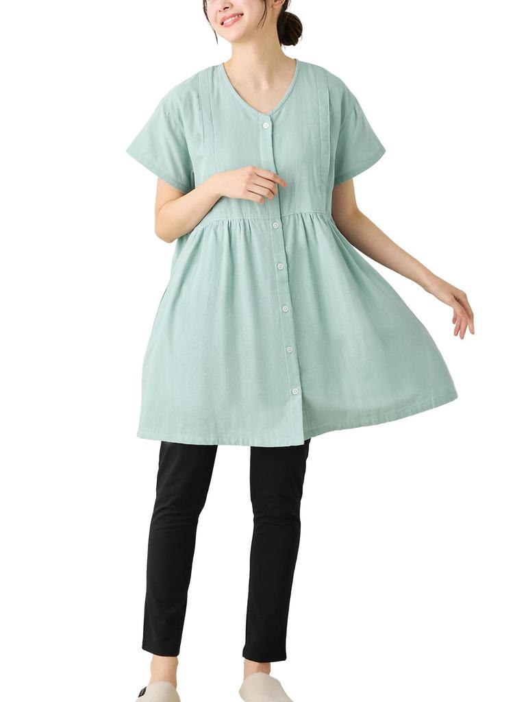 Maternity Nursing Open Front Double Short Tops Top and Bottom Prenatal Hospitalization Smoky Green 10327200 [ANGELIEBE] Clothes, Pajamas, Gauze,