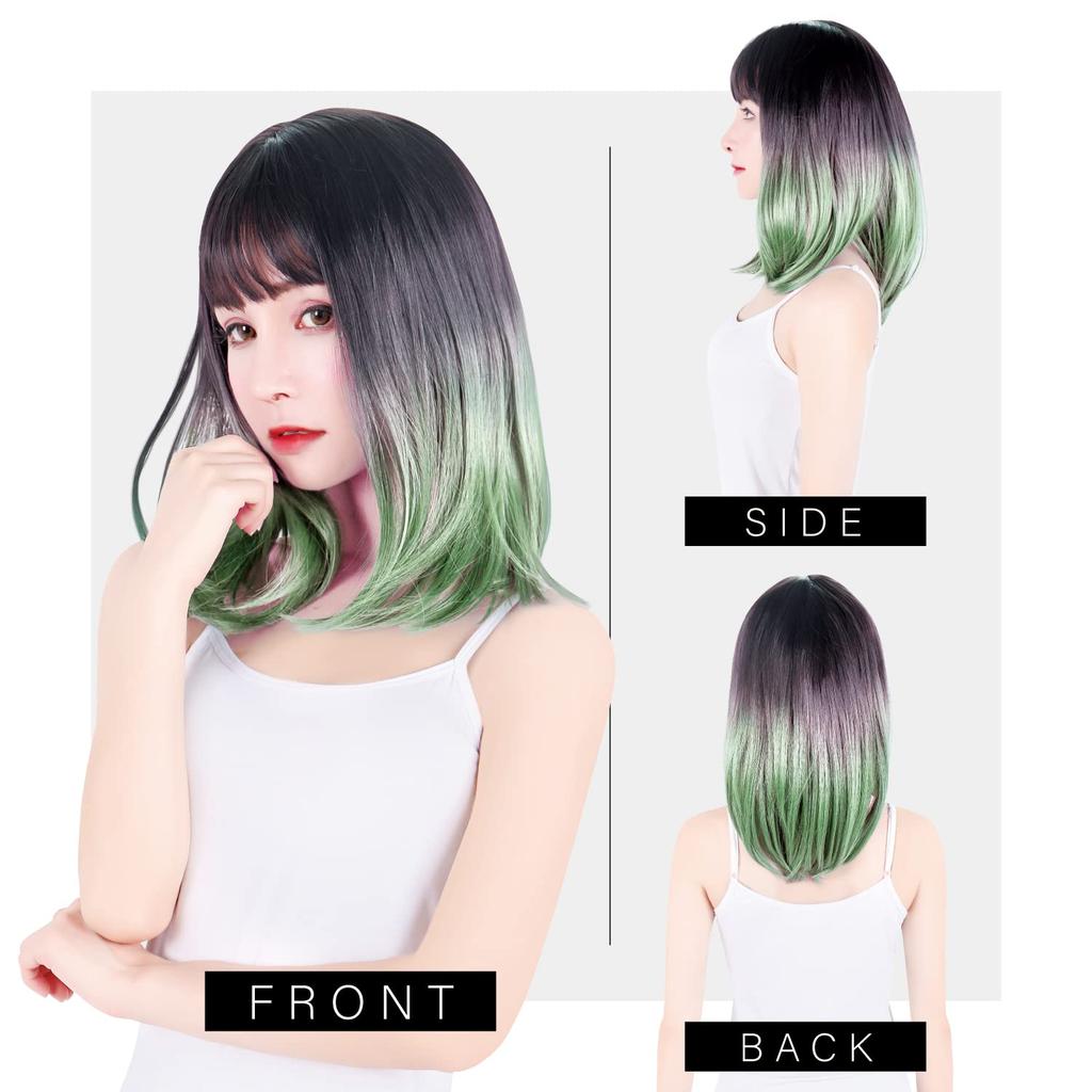Perücke Mittel Volle Perücke Kleiner Gesichtseffekt Netz Inklusive MODE Midi Farbverlauf Naturschwarz x Aschgrün [TefuRe] Halblang H-6113RN-BLK-A-GREEN