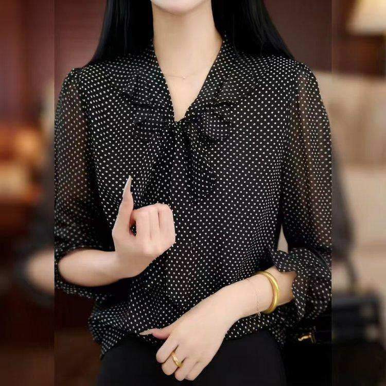 Women s Elegant V-neck Black Polka Dot Chiffon Lace-up Top 2XL