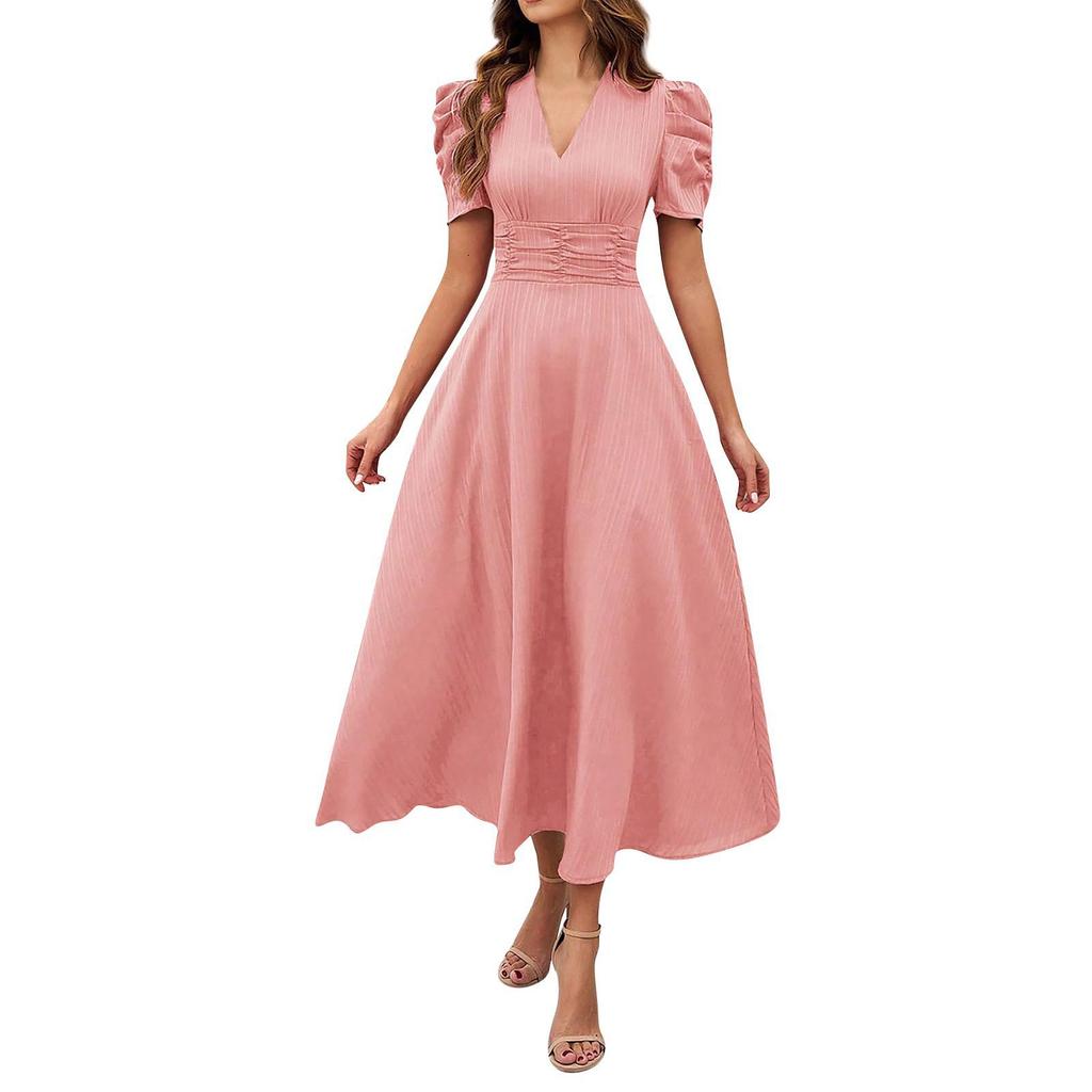 2026 Spring Summer Women's High Waist Solid Color Waist-Cinching Short Sleeve Dress