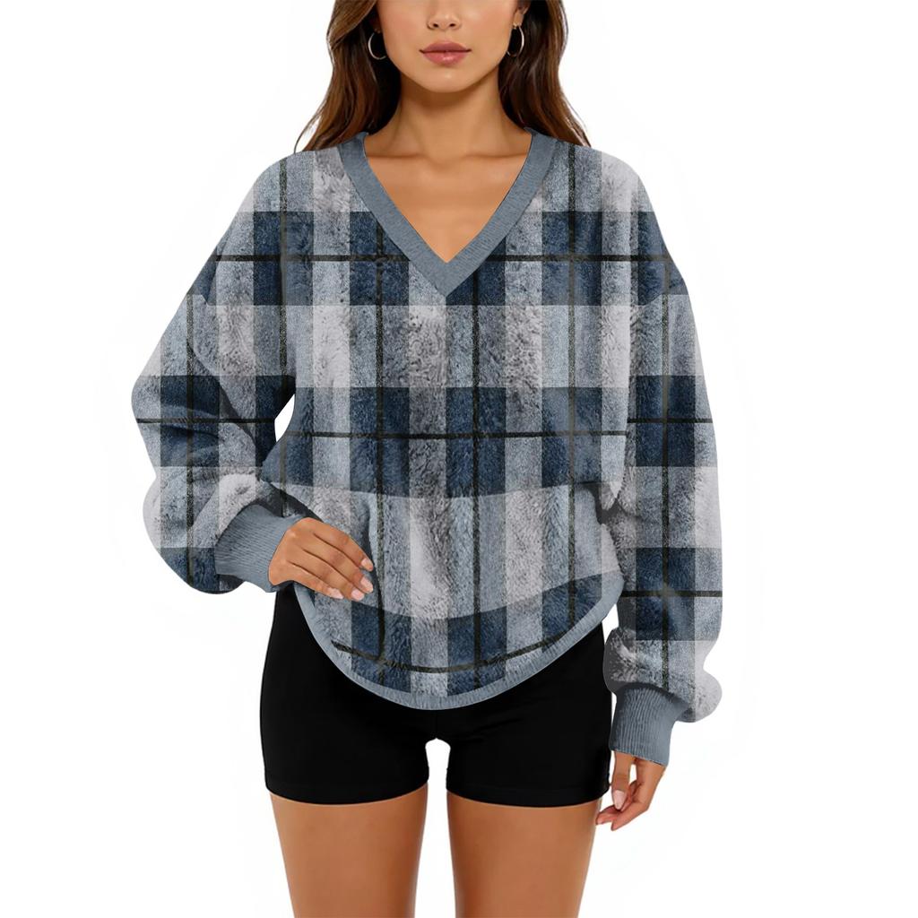 Women's V-Neck Sweatshirt Plush Solid Color Casual Fashion Long Sleeve With Pocketed Pullover Top