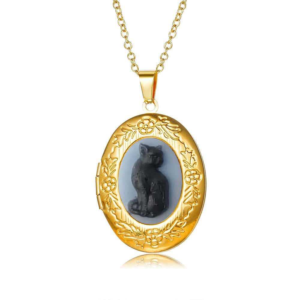 

Retro Gothic Cat-pattern Flower Carving Gold Color Stainless Steel Oval Photo Box Pendant Necklace for Men Women Jewelry Gifts