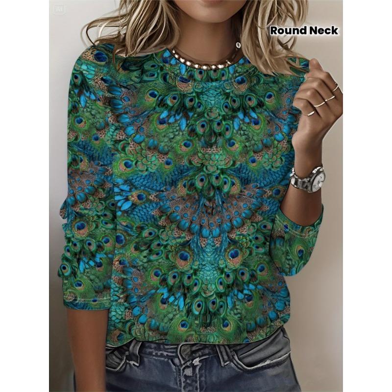 All-Over Print T-Shirt, Long Sleeve Round Neck Casual Top, Suitable for Spring And Autumn Season S