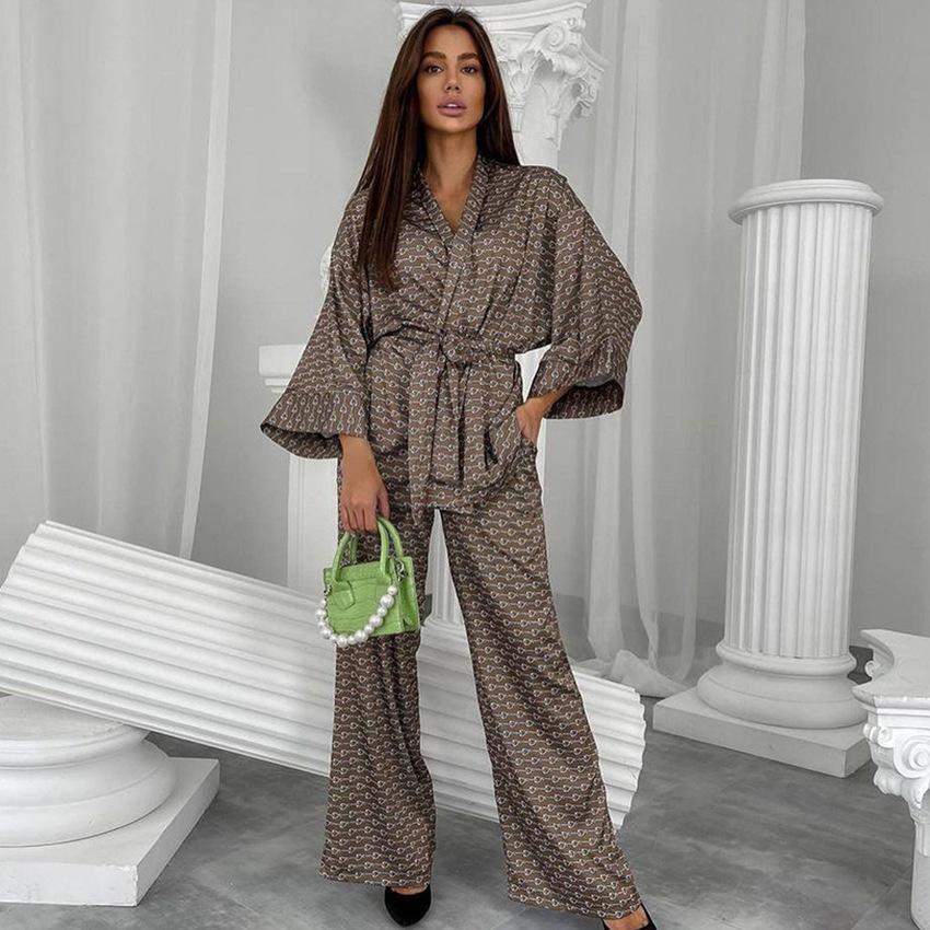 Autumn European Style Satin Print Pajamas Set Women's Loose Homewear Cardigan Robe Long Pants Cool Feel Nightwear For Casual Outing