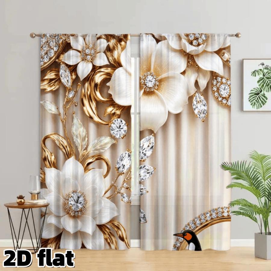 2PCS Digital Printed Curtains, Rhinestone White Flowers Luxury Floral, Window Treatments for Living Room Bedroom Home Decoration