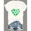 European Size Women's Casual Short-Sleeved V-neck T-shirt-White with Green Four-Leaf Clover Heart Shape Printed, Breathable