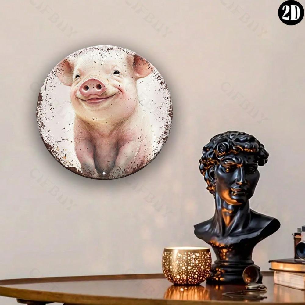 Metal Tin Pig Round Sign Farmhouse Wall Art Home Decor Bar Patio Porch