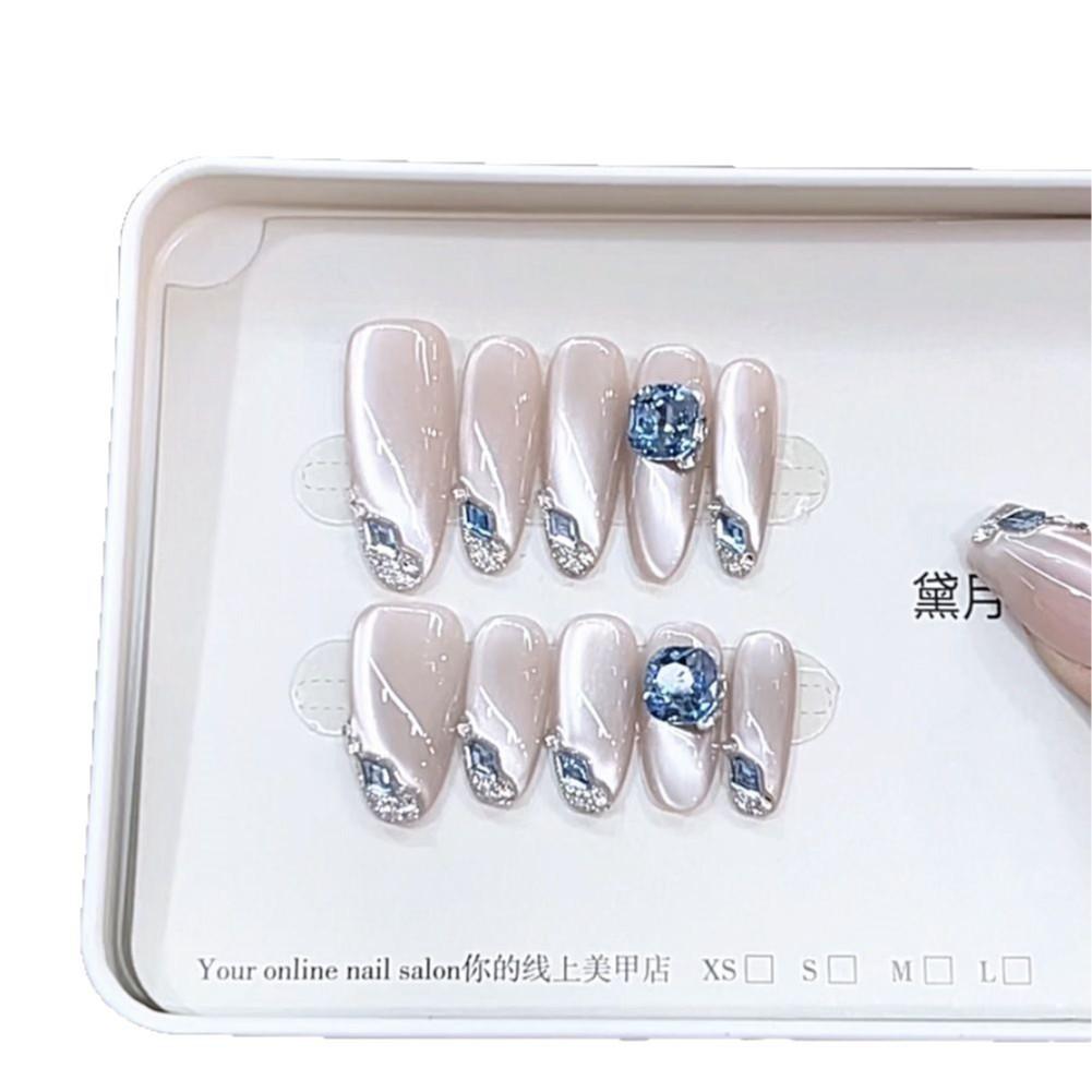 Hand-woven Armor Spring and Summer New Ice-Transparent Blue Diamond High-end Temperature Ice-Transparent Three-dimensional Cat Eye Nail Art Patch