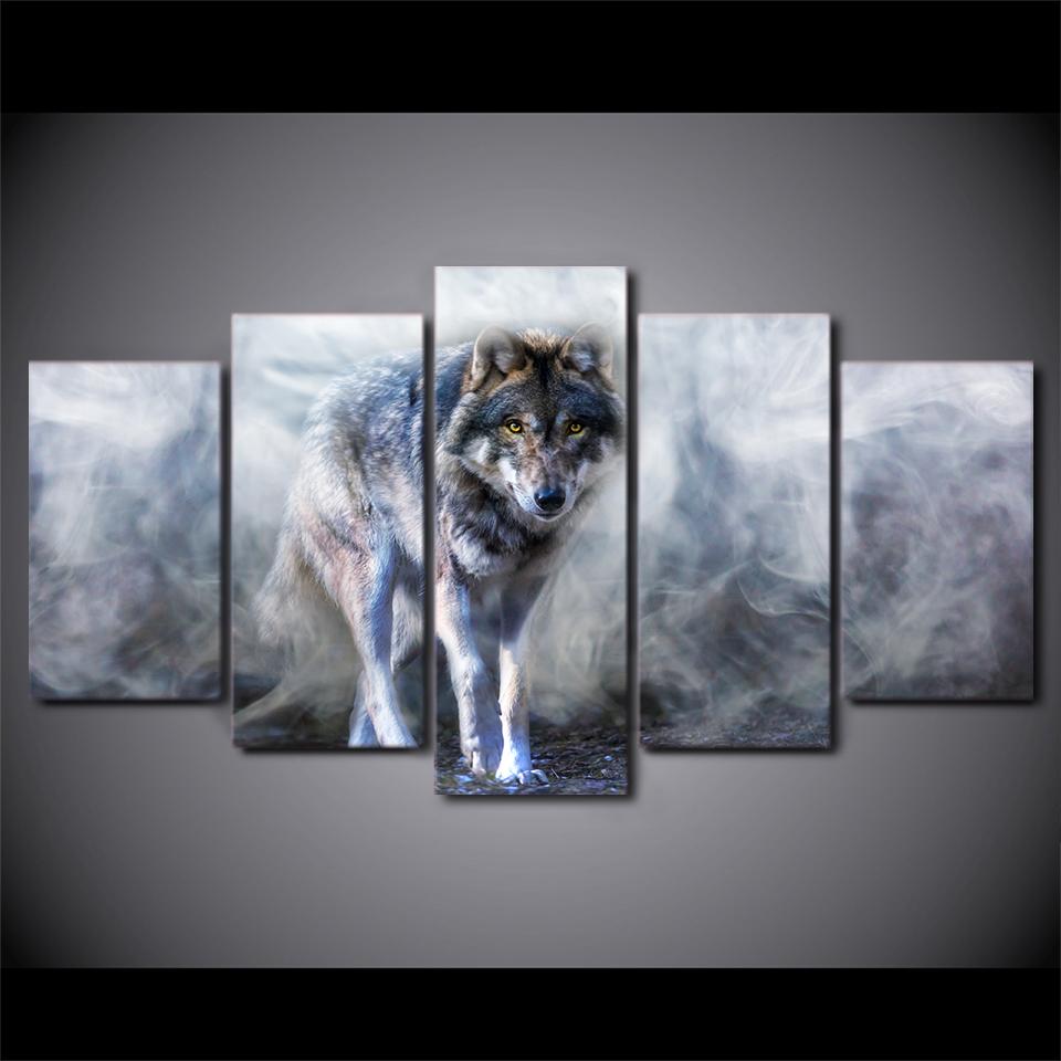 Modular Canvas HD Prints Poster Wall Art 5 Pieces White Smoke Wolf Painting For Living Room Home Decor Animal Picture Framework No Frame