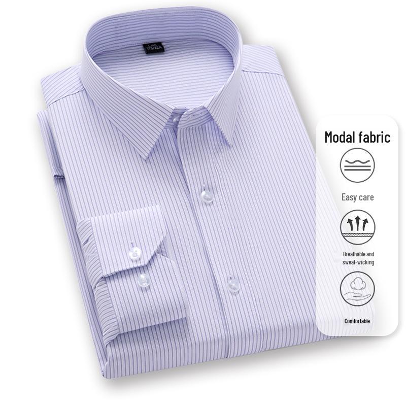 Men's Professional Striped Modal Long-Sleeve Shirt, Non-Iron, Casual Business Wear for Spring and Autumn