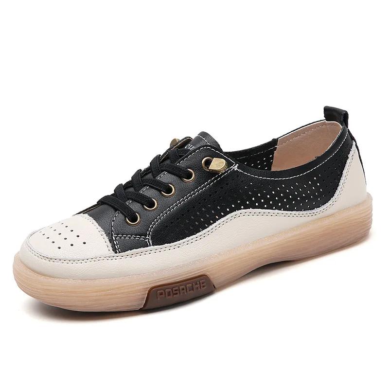 Fashion Genuine Leather Women Soft Sole Walking Shoes Girl Student 2026 Sneaker White Black Flats Female Casual Skate Trainers Summer