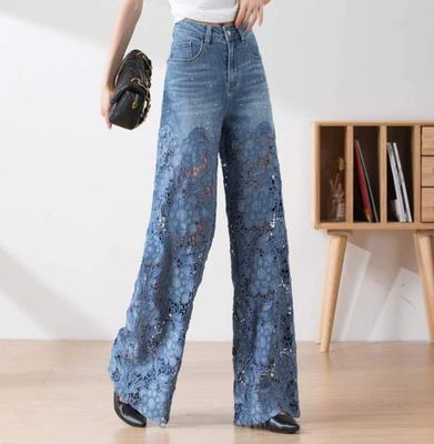 Women's Summer Design Spliced Jeans Straight Leg Vintage Casual Trousers