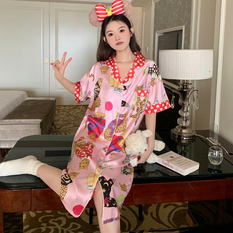 Sweet Leopard Summer Ice Silk Pajamas Women'S Little Love Printed Short Sleeve Homewear Pajamas Dress