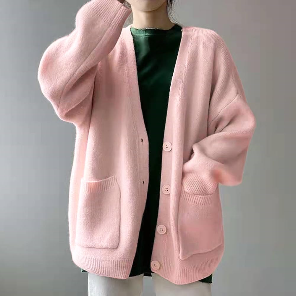 Bidason Knit Long Button Soft and Loose Medium Perfect for Everyday and Spring Women's Cardigan, V-Neck, Sleeves, Front, Pockets, Warm, Stretchy, Fit,