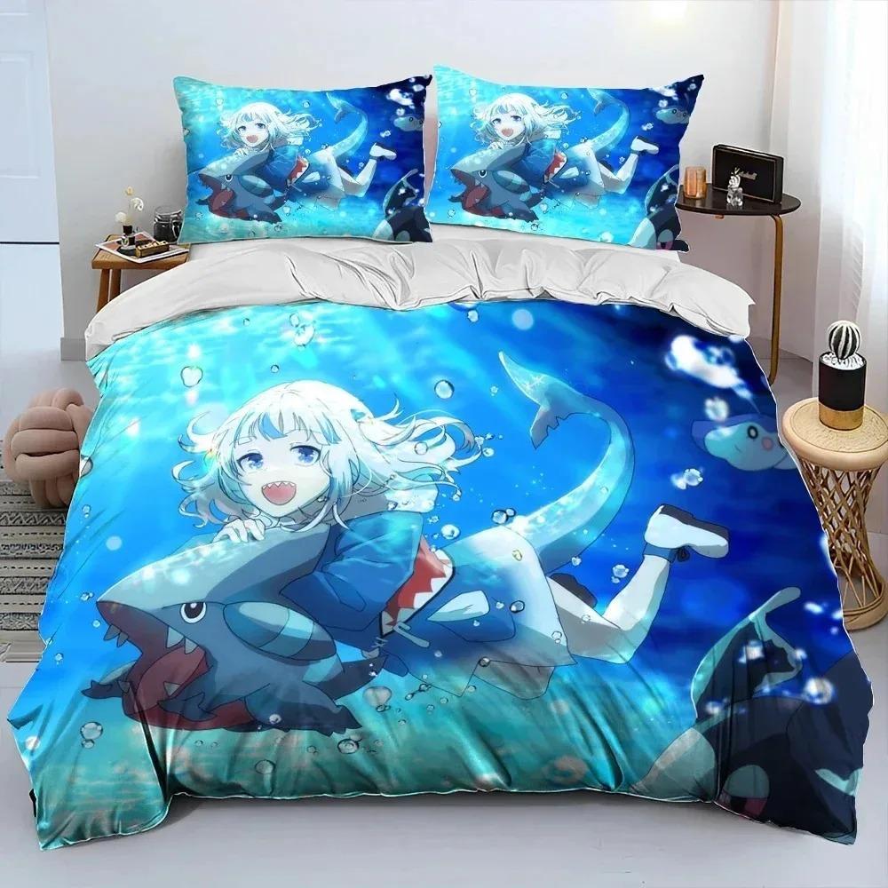 Cute Gawr Gura Hololive Anime Shark Bedding Set Duvet Cover Bed Set Quilt Cover Pillowcase Comforter King Queen Size Boys Adult